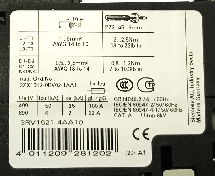 Siemens Circuit Breaker 3RV1021-4AA10 NOS