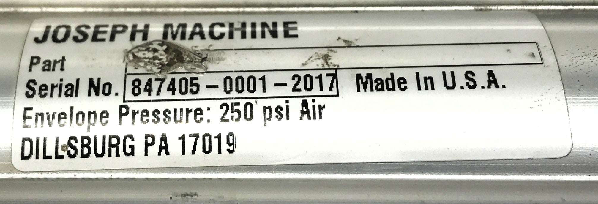 Joseph Machine 250 PSI Pneumatic Cylinder 847405-0001-2017 USED