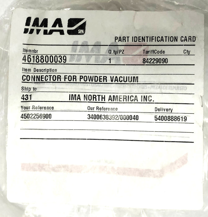 IMA Connector For Powder Vacuum 4618800039 NOS