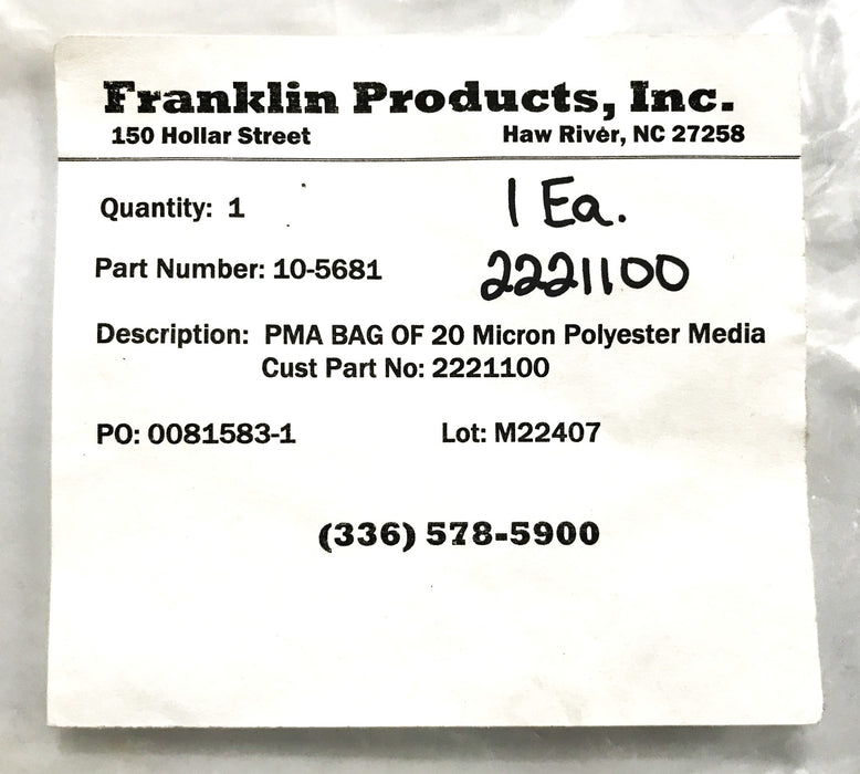 Franklin Products Inc. 20 Micron Polyester Filter Bag 10-5681 (2221100) NOS