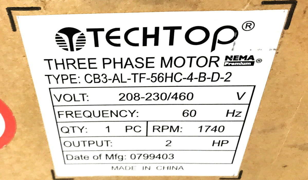 Techtop 2HP Three Phase Electric Motor CB3-AL-TF-56HC-4-B-D-2 NOS