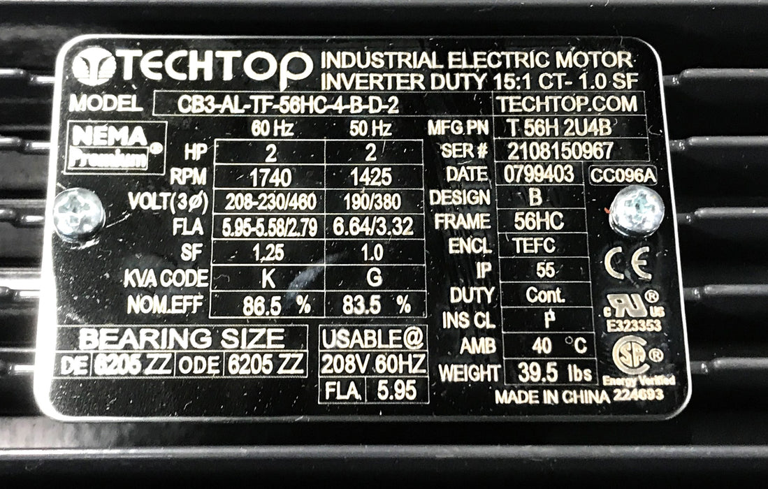 Techtop 2HP Three Phase Electric Motor CB3-AL-TF-56HC-4-B-D-2 NOS