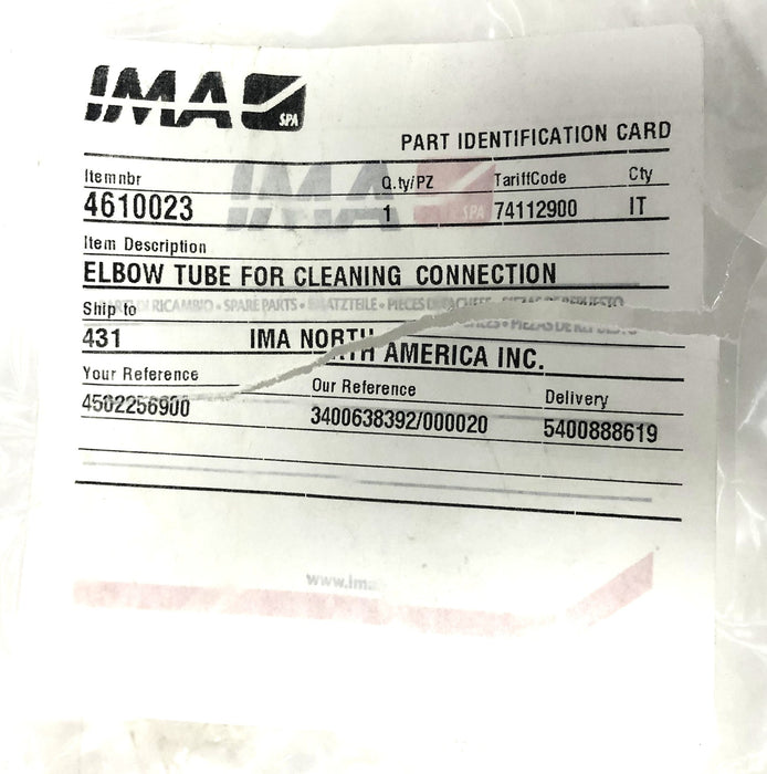 IMA Elbow Tube For Cleaning Connection 7301013 (4610023) NOS