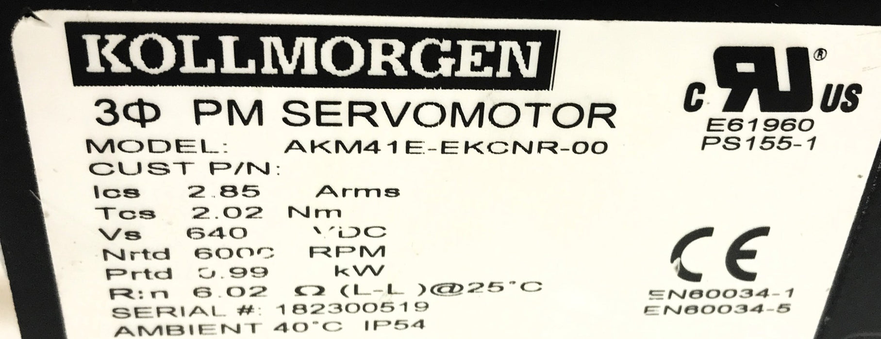 Kollmorgen 30 PM Servo Motor AKM41E-EKCNR-00 NOS