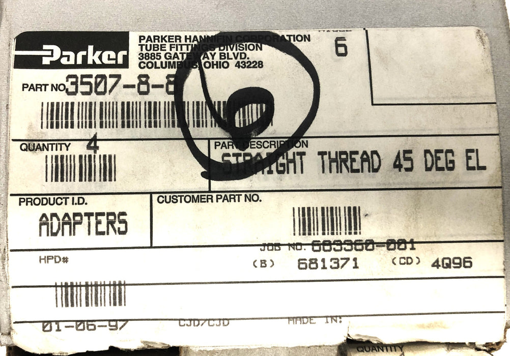 Parker Hydraulic Fittings 3507-8-8 NOS