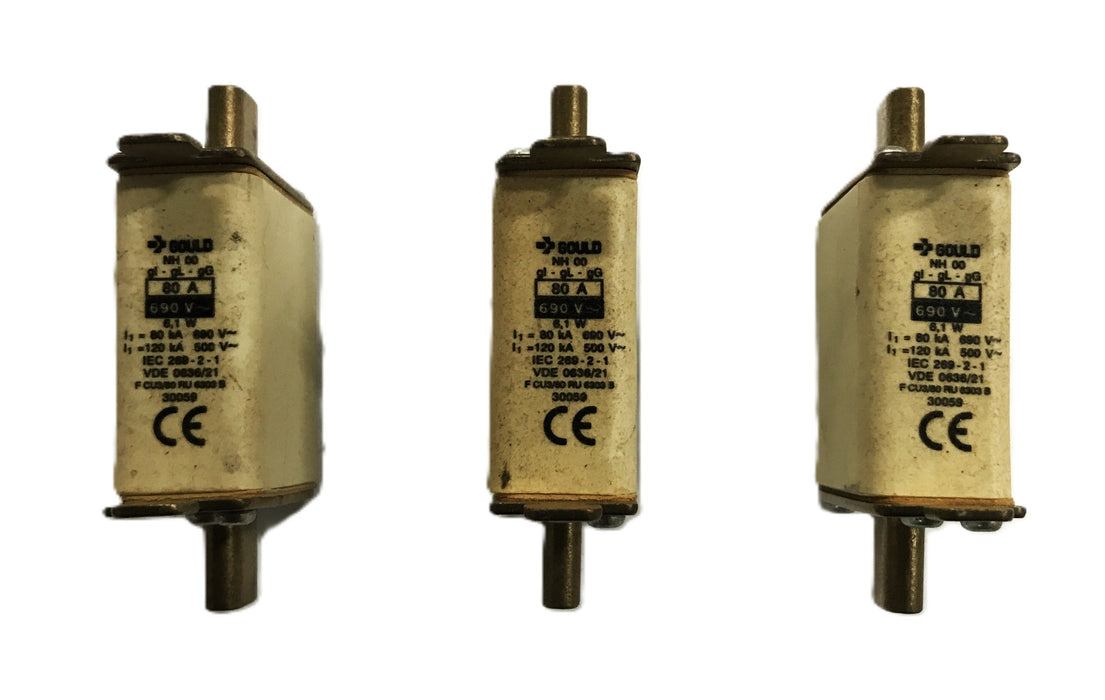 Gould NH 00 GI-GL-GG 80A 690V Knife Fuse 30059 [Lot of 3] NOS