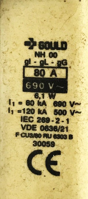 Gould NH 00 GI-GL-GG 80A 690V Knife Fuse 30059 [Lot of 3] NOS
