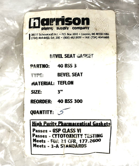 Harrison 3 Inch Teflon Bevel Seat Gasket 40-BSS-3 [Lot of 5] NOS