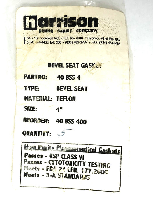 Harrison 4 Inch Teflon Bevel Seat Gasket 40-BSS-4 [Lot of 5] NOS
