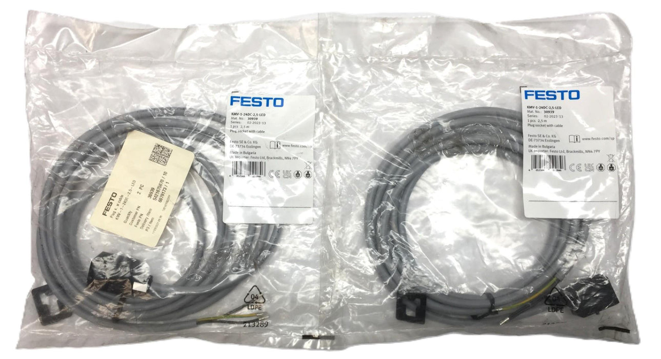 Festo Ser:02-2023:13 Plug Socket w/Cable KMV-1-24DC-2,5-LED(30939)[Lot of 2] NOS