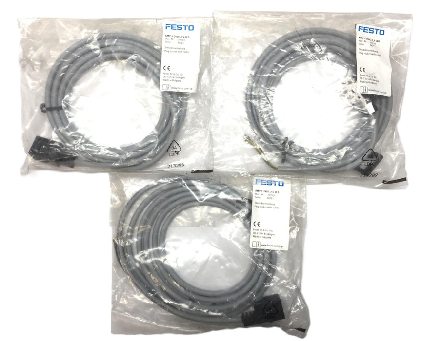 Festo Ser:NO13 Plug Socket w/Cable KMV-1-24DC-2,5-LED(30939)[Lot of 3] NOS