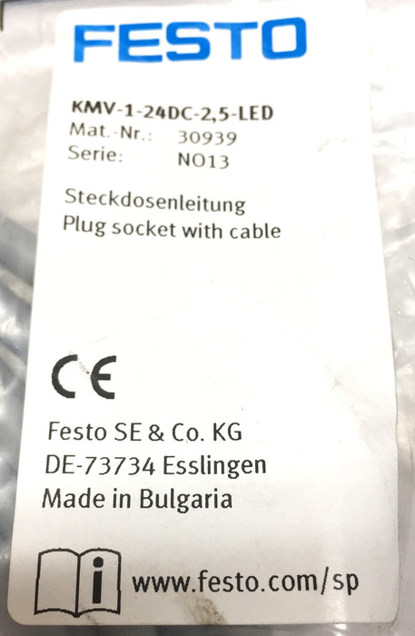 Festo Ser:NO13 Plug Socket w/Cable KMV-1-24DC-2,5-LED(30939)[Lot of 3] NOS