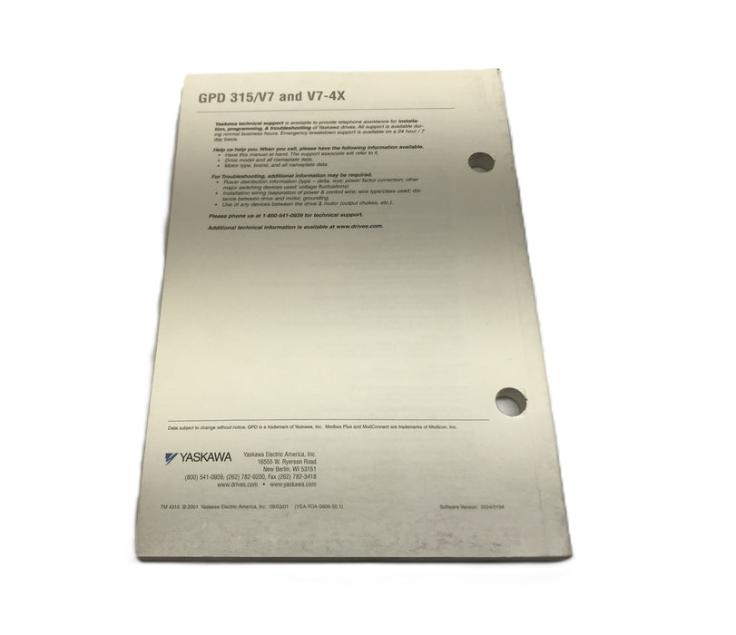 Yaskawa GPD 315/V7 & V7-4X Technical Manual USED