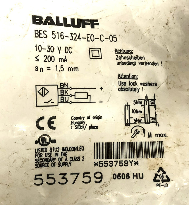 Balluff 10-30VDC 200mA Inductive Sensor 516-324-E0-C-05 NOS