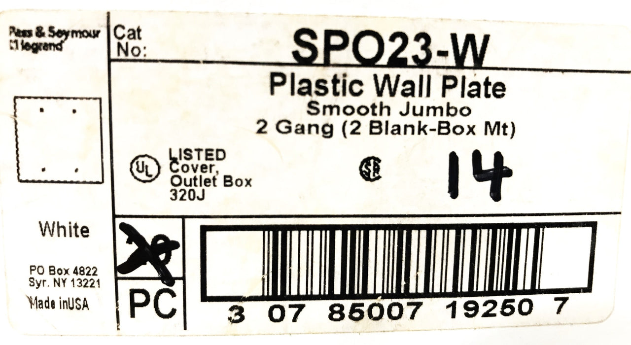 Pass & Seymour Plastic White 2-Gang Blank Wall Plate SPO23-W [Lot of 14] NOS