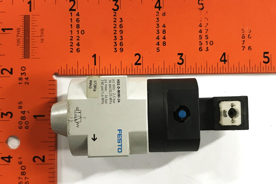 Festo Mini Shutoff Valve with Solenoid Coil HEE-D-MINI-24/MSEB-3-24VDC NOS