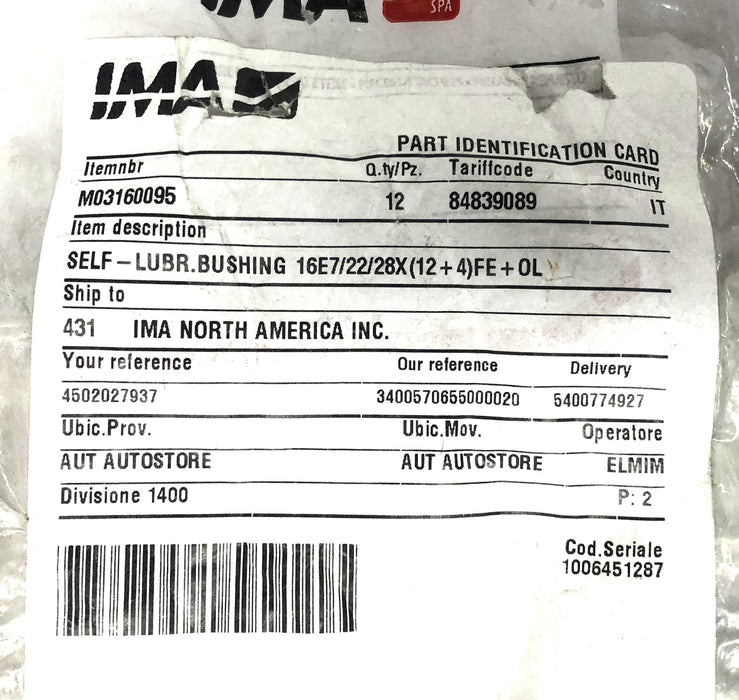 IMA Self-Lubricating Bushing M03160095 [Lot of 4] NOS