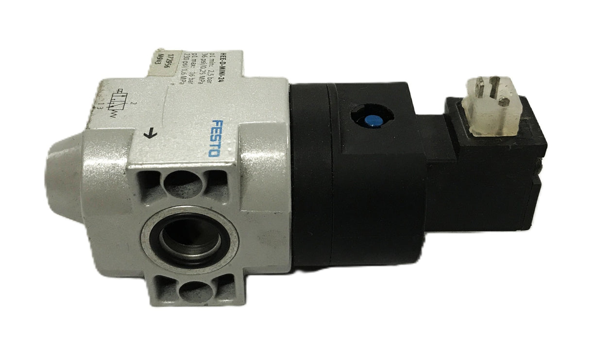 Festo Mini Shutoff Valve with Solenoid Coil HEE-D-MINI-24/MSEB-3-24VDC NOS