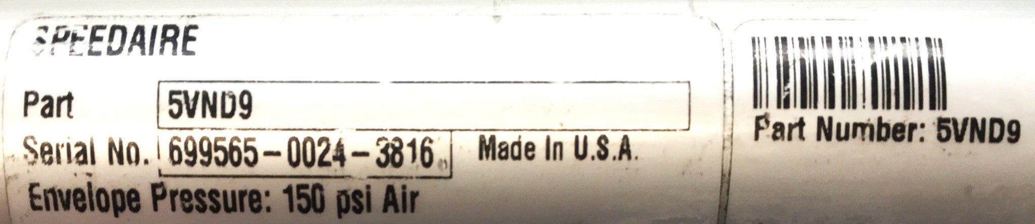 Speedaire Aluminum Pneumatic Cylinder 5VND9 NOS