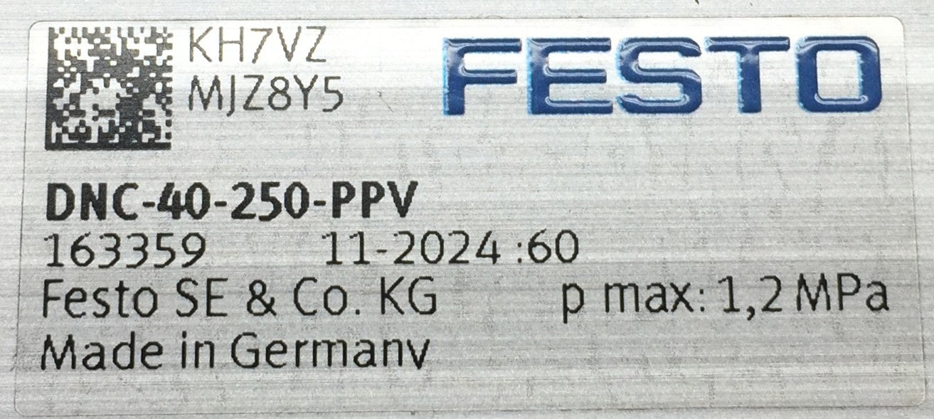 Festo Series: 11-2024:60 Pneumatic Cylinder DNC-40-250-PPV (163359) NOS