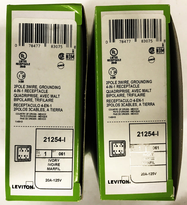 Leviton Extra Heavy Duty 4-in-1 Grounding Receptacle 21254-I [Lot of 2] NOS