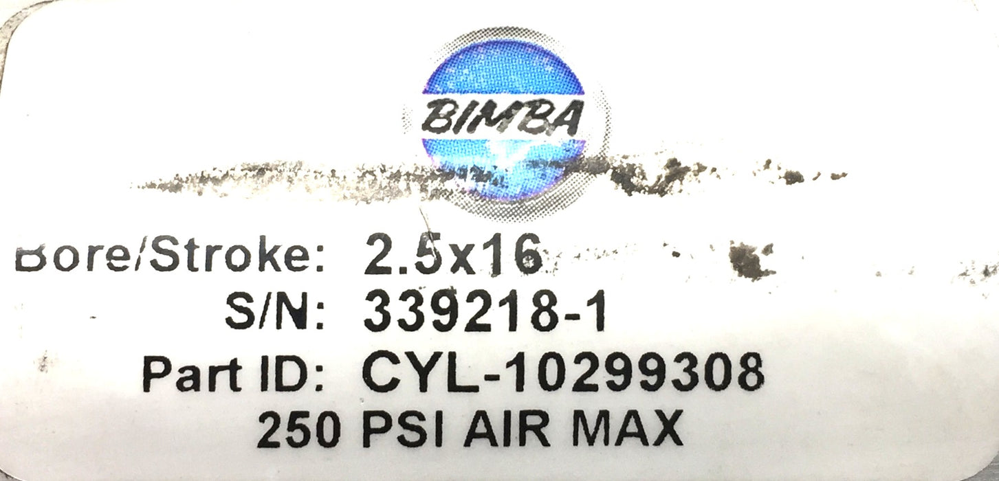 Bimba Bore/Stroke 2.5 x 16 Pneumatic Cylinder 250psi Air Max CYL-10299308 NOS