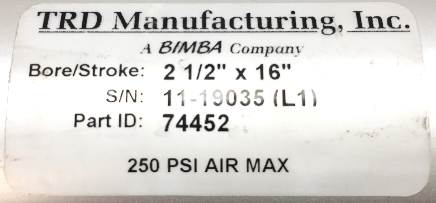 TRD/Bimba Pneumatic Cylinder 2.5 x 16 Bore/Stroke 250 psi Air Max 74452 NOS