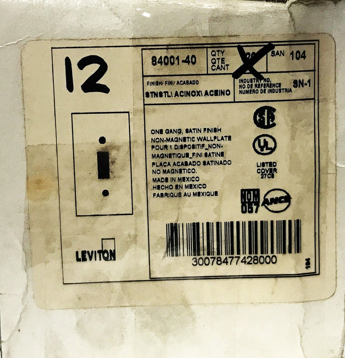 Leviton Stainless Steel Toggle Switch Cover Plate 104-84001-40 [Box of 12] NOS