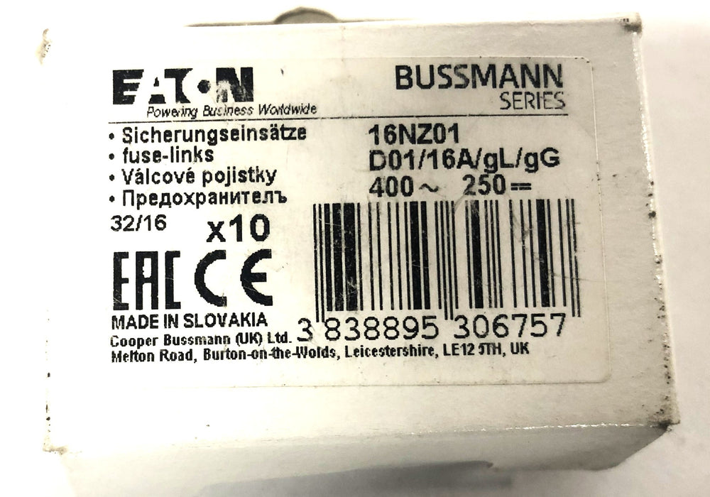 Bussmann D01/16A/gL/gG Fuse 16NZ01 [Lot of 7] NOS