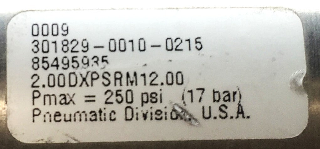 Parker 2.00DXPSRM12.00 Double Acting Air Cylinder 85495935 250 psi/17 bar USED
