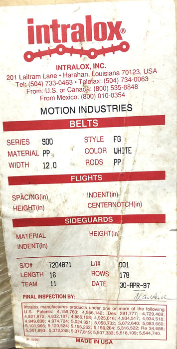 Intralox 16 Foot FG Style Conveyor Belt Series 900 NOS