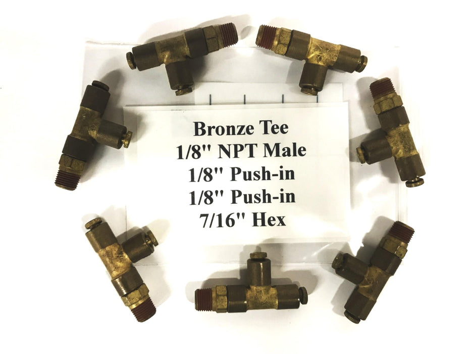 Unbranded Brass Hex Tee 1/8 inch Push-in x 1/8 inch NPT Male [Lot of 7] NOS