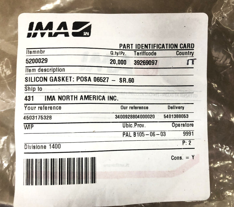 IMA 58 Foot Silicone Gasket POSA 06527-SR.60 NOS