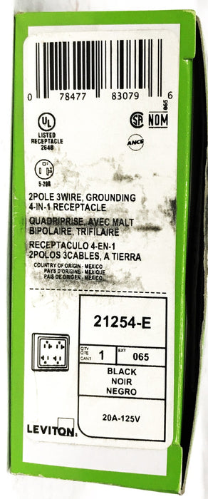 Leviton Black 2-Pole 3-Wire Grounding 4-in-1 Receptacle 21254-E NOS