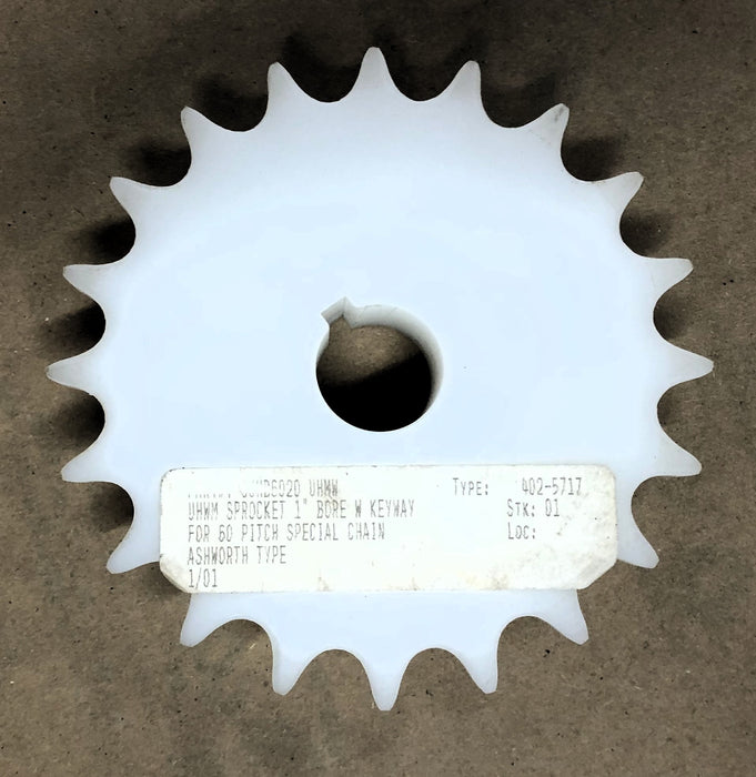 Ashworth UHMW 1 Inch Bore w/Keyway 60-Pitch Plastic Sprocket SUHB6020 NOS
