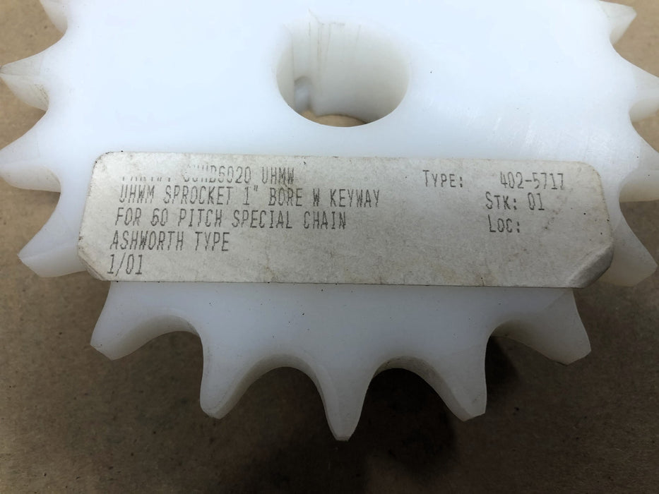 Ashworth UHMW 1 Inch Bore w/Keyway 60-Pitch Plastic Sprocket SUHB6020 NOS