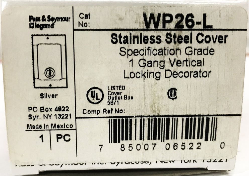 Pass & Seymour 1-Gang Stainless Steel Locking Wall Plate Cover WP26L NOS