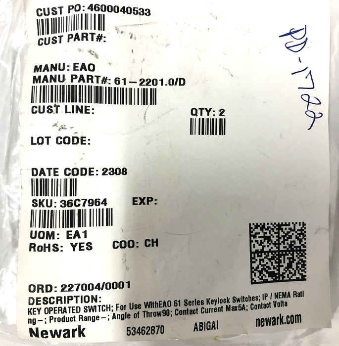 Newark Key Operated Switch Actuator 61-2201.0/D NOS