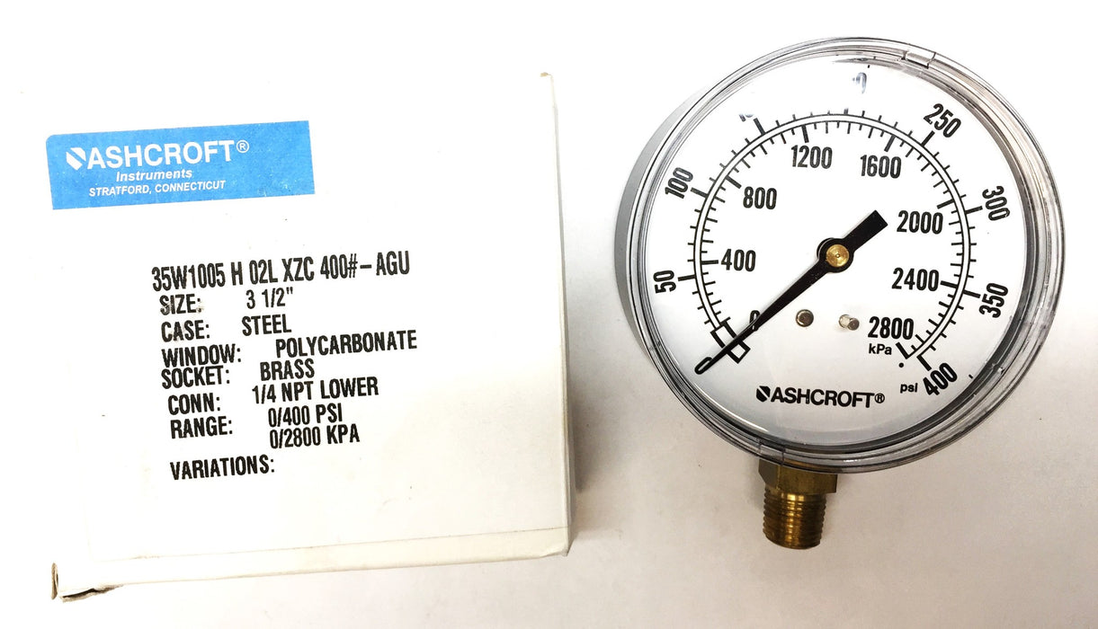 Ashcroft Steel/Polycarbonate/Brass Pressure Gauge 1/4" Lower 35W1005H02LXZC NOS