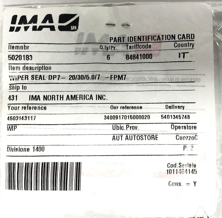 IMA DP7 Wiper Seal 20/30/5.0/7 FPM7 (5020183) [Lot of 6] NOS
