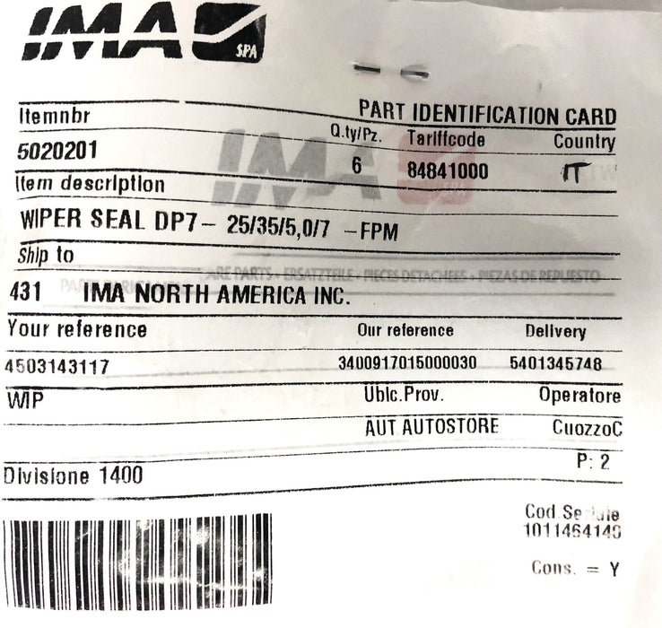 IMA DP7 Wiper Seal 25/35/5.0/7 FPM (5020201) [Lot of 6] NOS