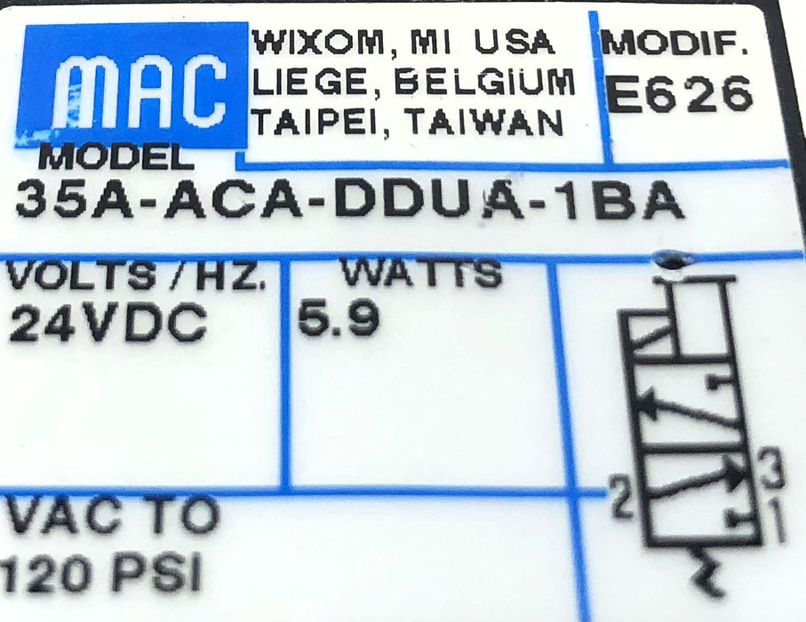 Mac 24 VDC 5.9 Watts Solenoid Valve Without Hardware 35A-ACA-DDUA-1BA NOS
