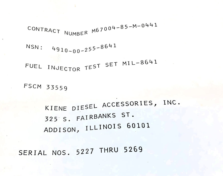 Kiene Fuel Injector Nozzle Tester Kit MIL-8641 (DT-1300/4910-00-255-8641) NOS