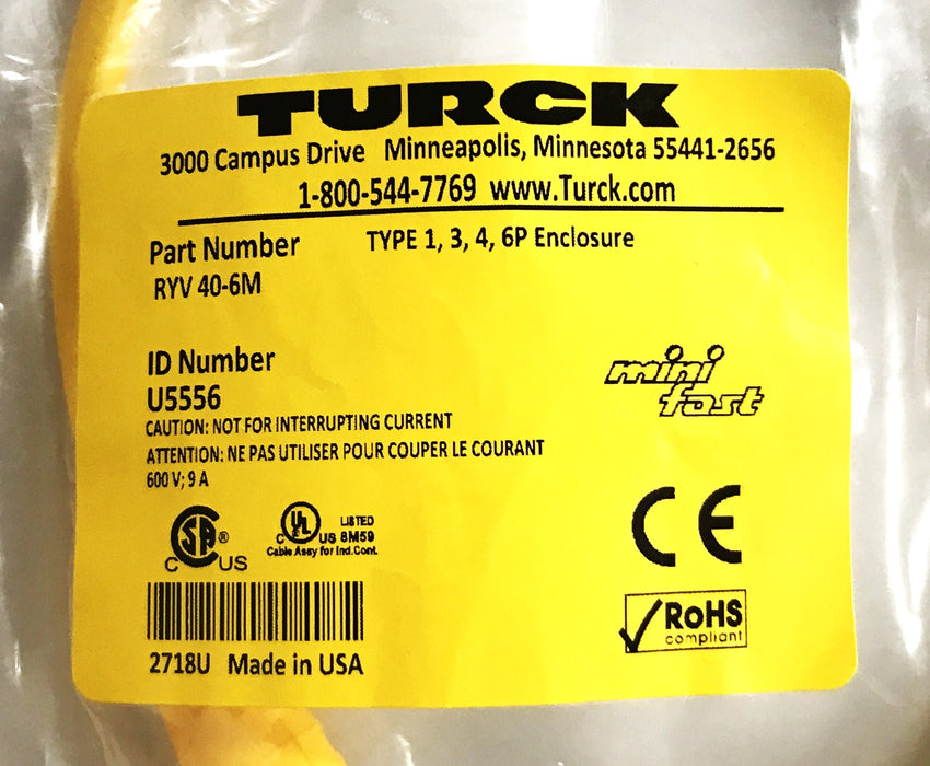 Turck Actuator and Sensor Cordset RYV 40-6M NOS