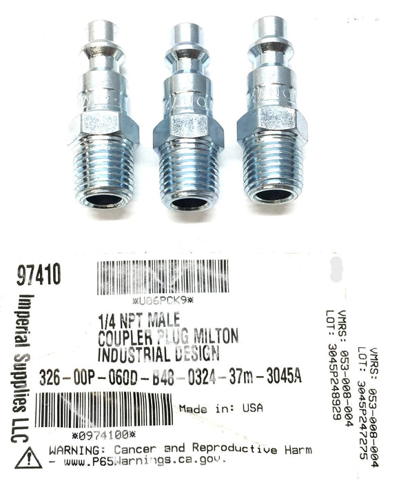 Milton Industrial Design Imperial 1/4" Male Coupler Plug 97410 [Lot of 3] NOS