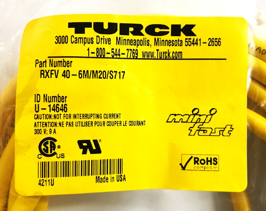 TURCK Front Mount Actuator and Sensor Receptacle RXFV40-6M/M20/S717 NOS
