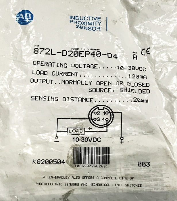 Allen-Bradley Inductive Proximity Sensor 872L-D20EP40-D4 NOS
