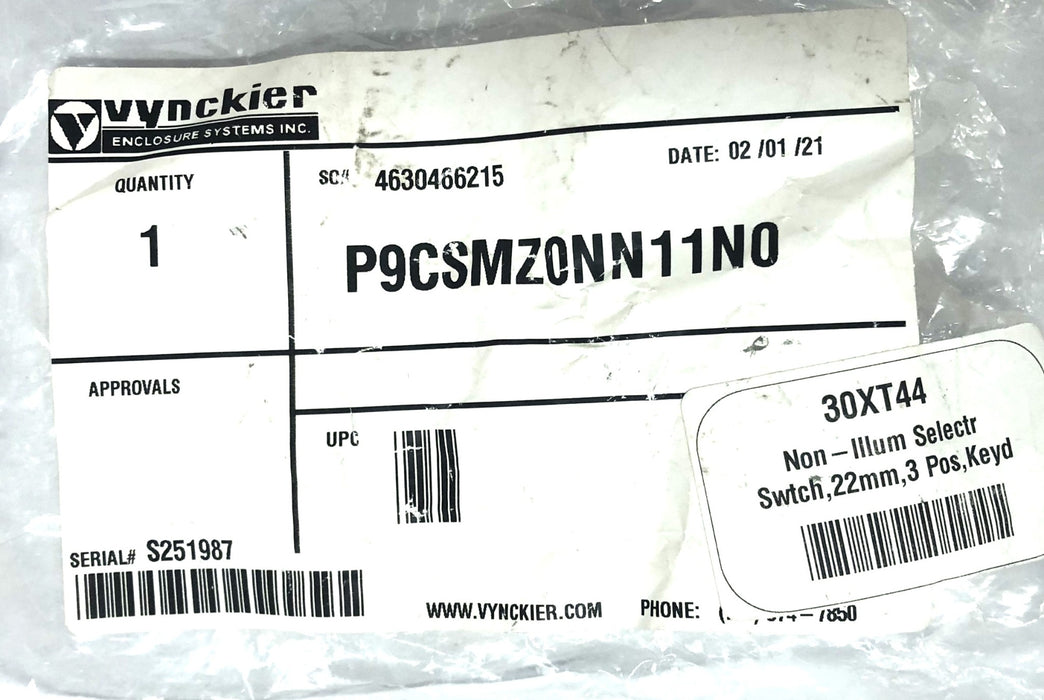 Vynckier 2mm 3 Position Keyed Non-Illuminated Selector Switch P9CSMZ0NN11N0 NOS