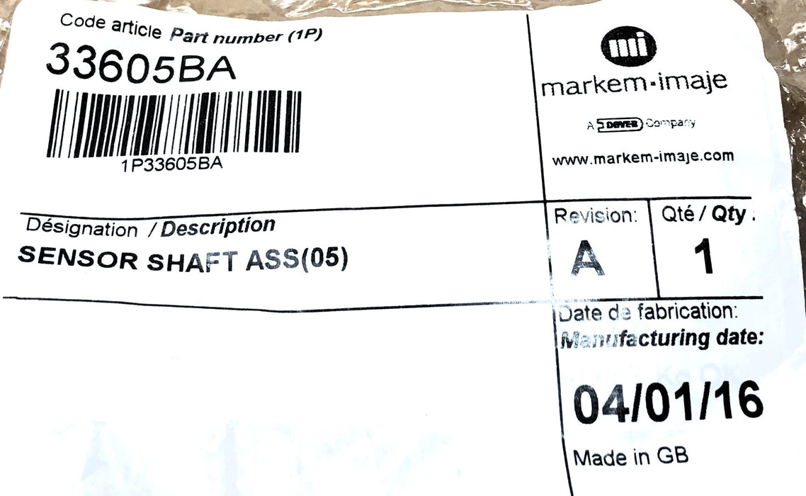 Markem-Imaje Sensor Shaft Assembly W/ Hardware 33605BA NOS