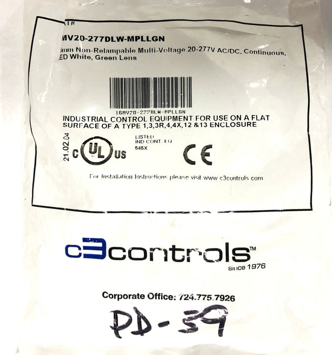 C3Controls Non-Relampable Multi-Voltage Lens 16MV20-277DLW-MPLLGN NOS